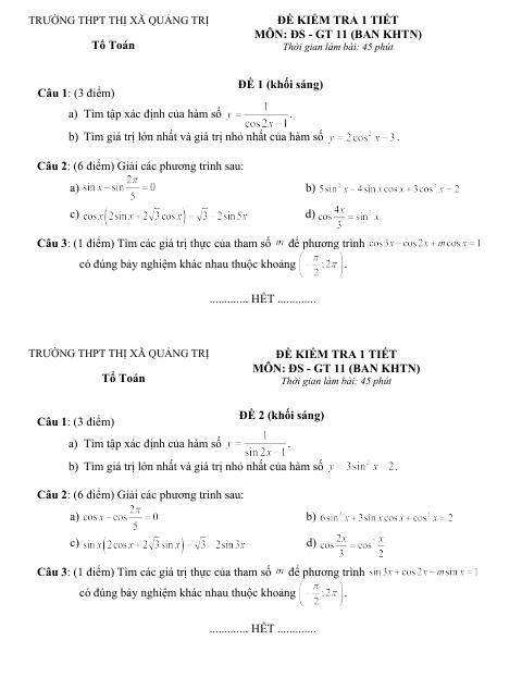 Đề kiểm tra 1 tiết ĐS&GT 11 chương 1 năm 2019 – 2020 trường Thị xã Quảng Trị (bản Word)